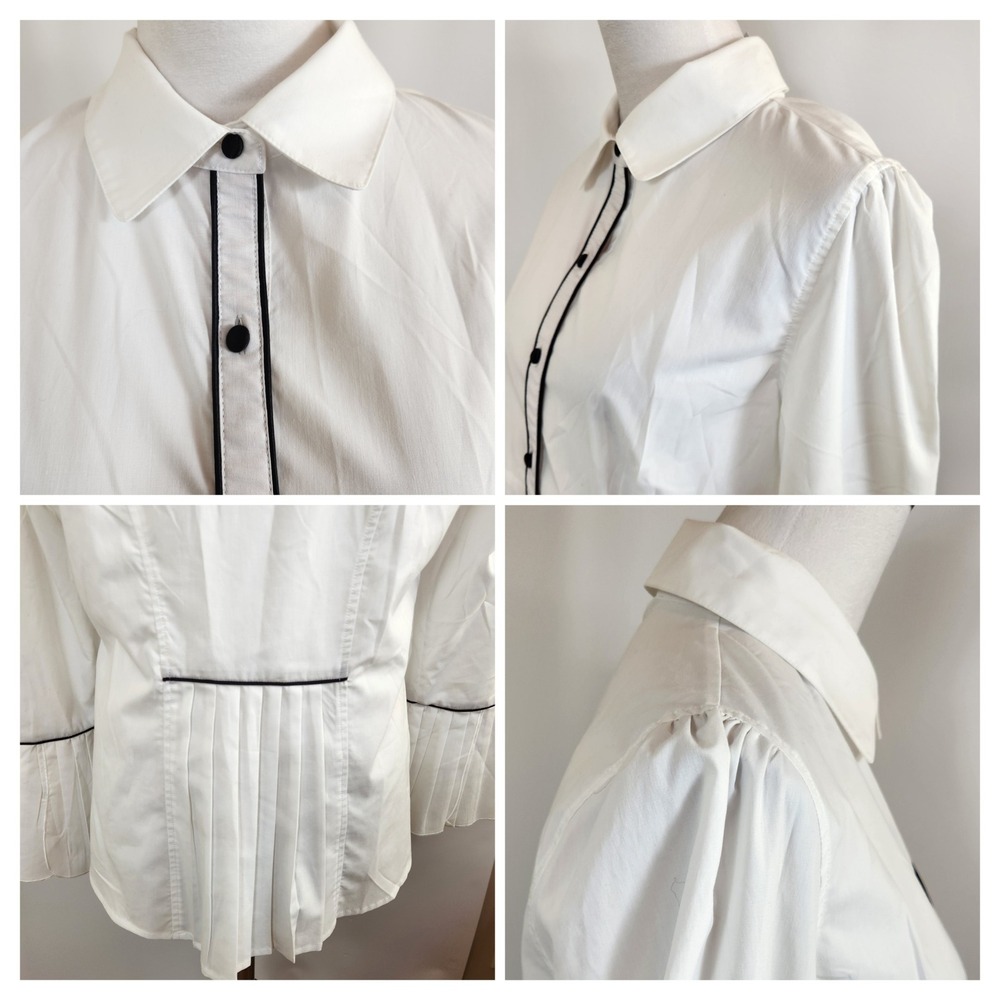 Dress Barn Womens Medium White Black Trim Pleated Bell Sleeve Button Down Shirt - Picture 7 of 10